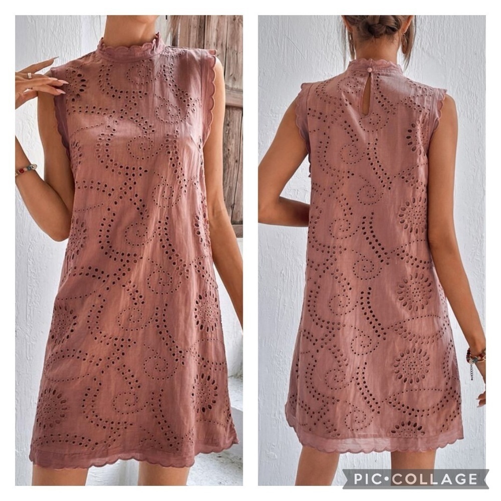 SHEIN / VCAY Keyhole Back Frill Trim Eyelet Embroidery Dress Size M(6)